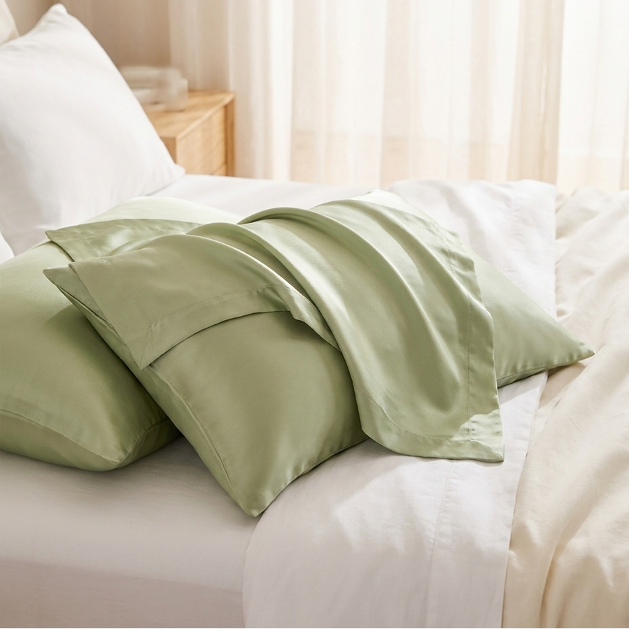 Sage green cooling silk pillowcase set of 2 on white bedding