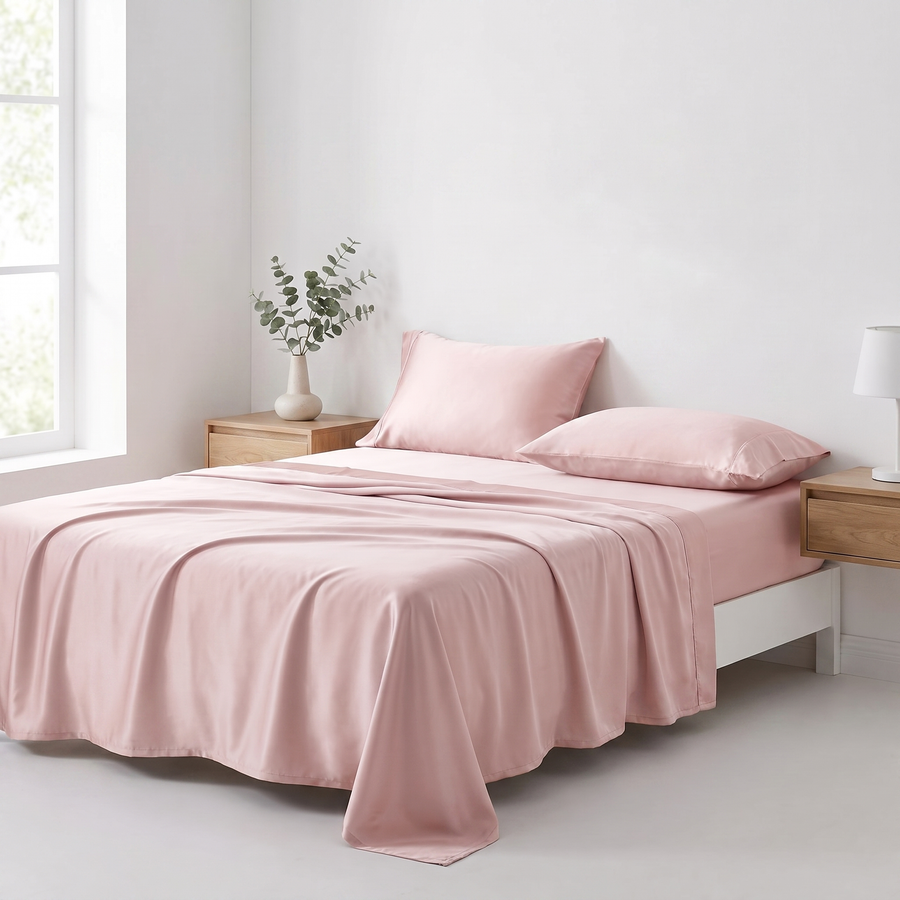 Blush pink cooling silk sheet set made up on a bed in a bright bedroom