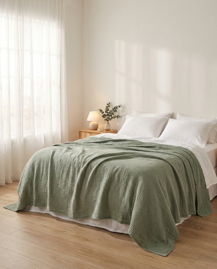 Solvrly Cloud Gauze Coverlet in Sage Green on a bed in soft morning light