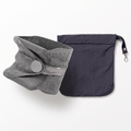 Solvrly Wrap Travel Pillow in soft grey with its support strap and matching navy carry pouch