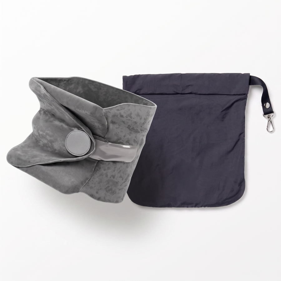 Solvrly Wrap Travel Pillow in soft grey with its support strap and matching navy carry pouch