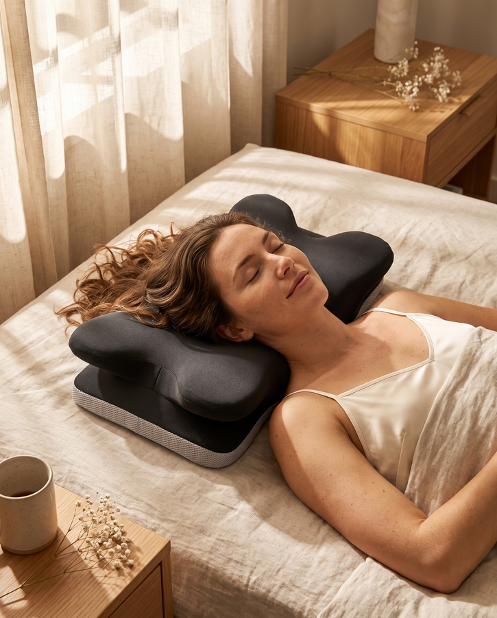 Woman resting on the Yuki cooling cervical pillow in a warm bedroom