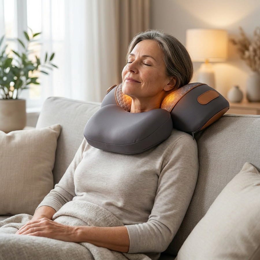 Solvrly Auro cradling the neck on a couch
