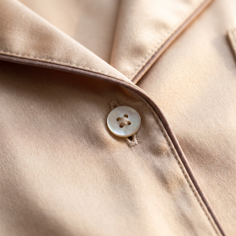 Close-up of champagne silk fabric with mother-of-pearl button and piping