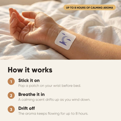 How it works — stick it on, breathe it in, drift off. Up to 8 hours of calming aroma.