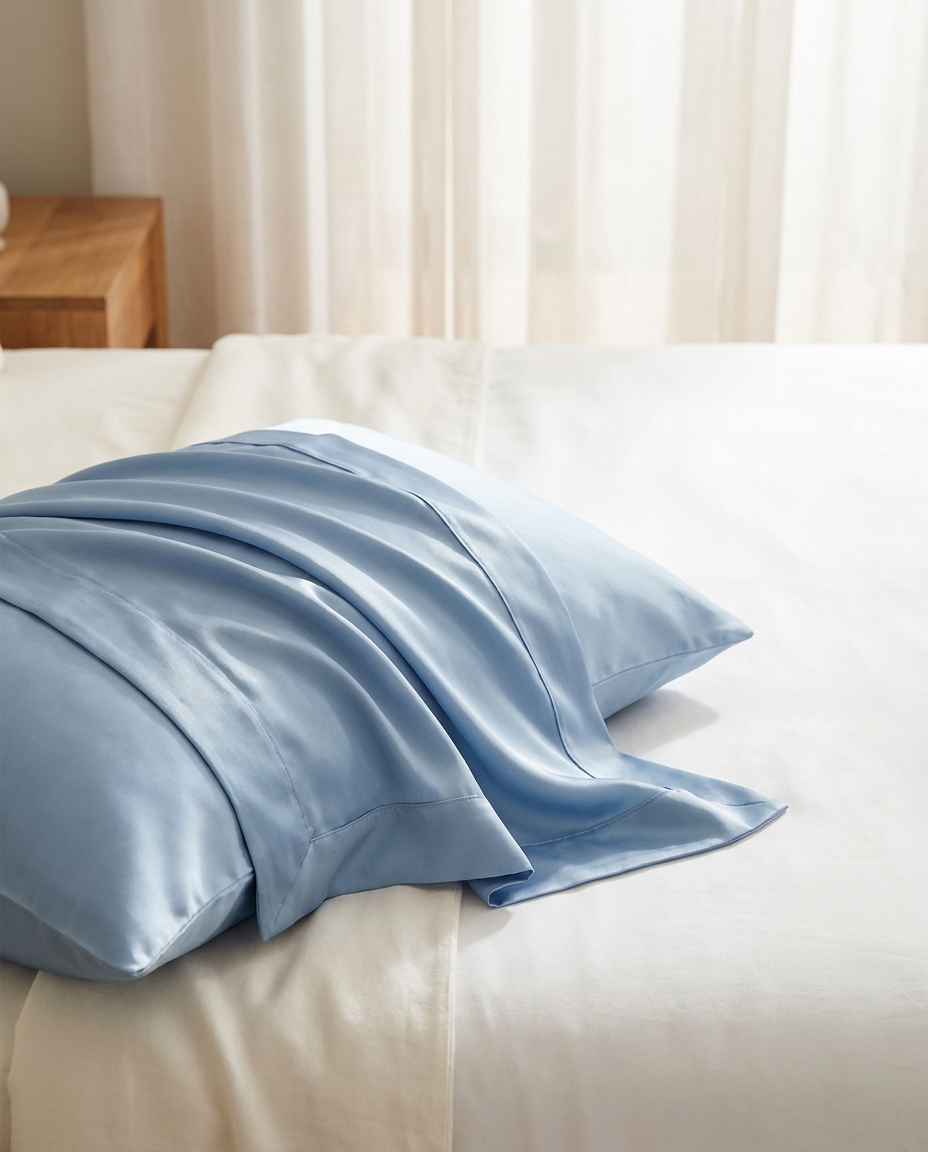 Solvrly Cooling Silk Pillowcase set of 2 in sky blue on white bedding