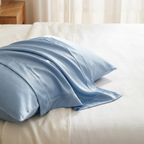 Solvrly Cooling Silk Pillowcase set of 2 in sky blue on white bedding