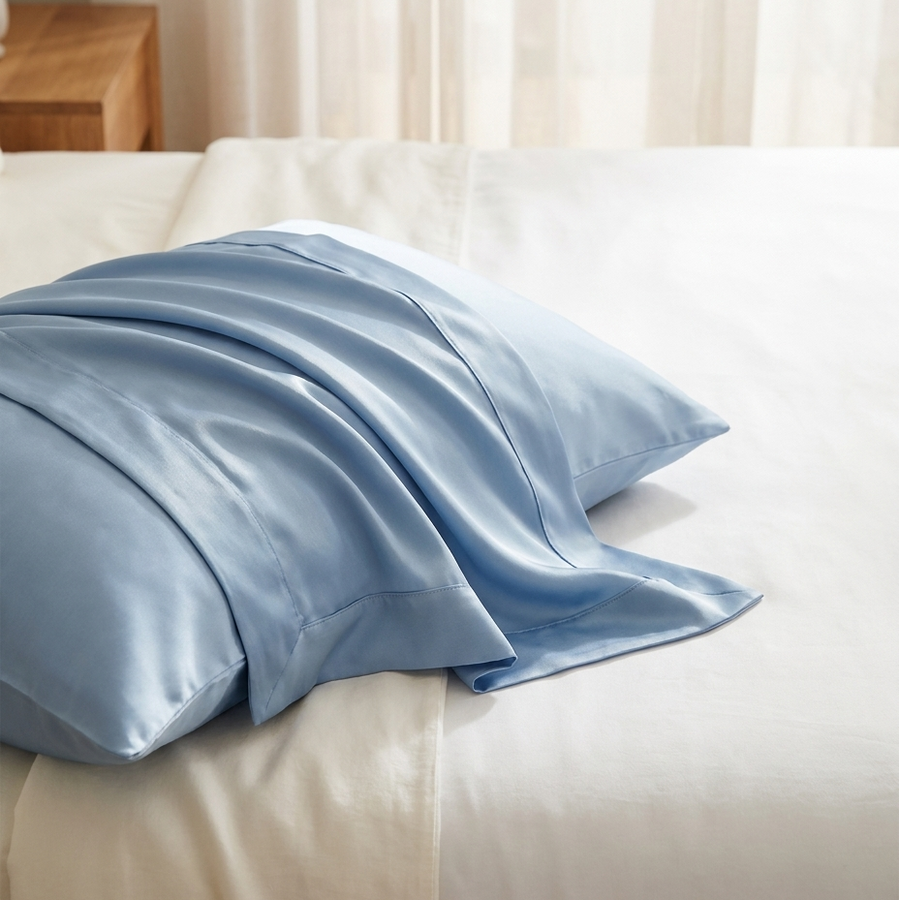 Solvrly Cooling Silk Pillowcase set of 2 in sky blue on white bedding
