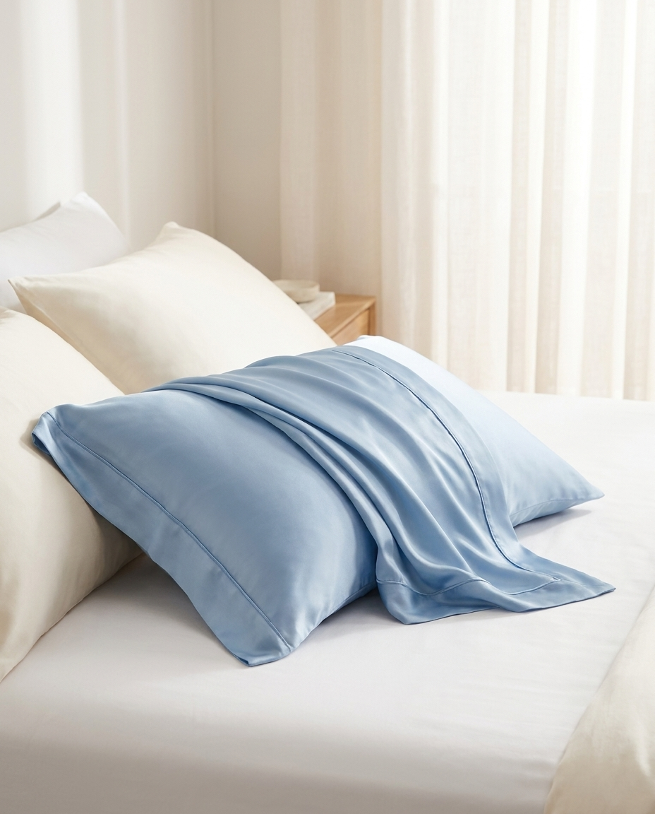 Sky blue silk pillowcase pair on bed