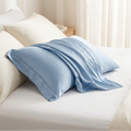 Sky blue silk pillowcase pair on bed