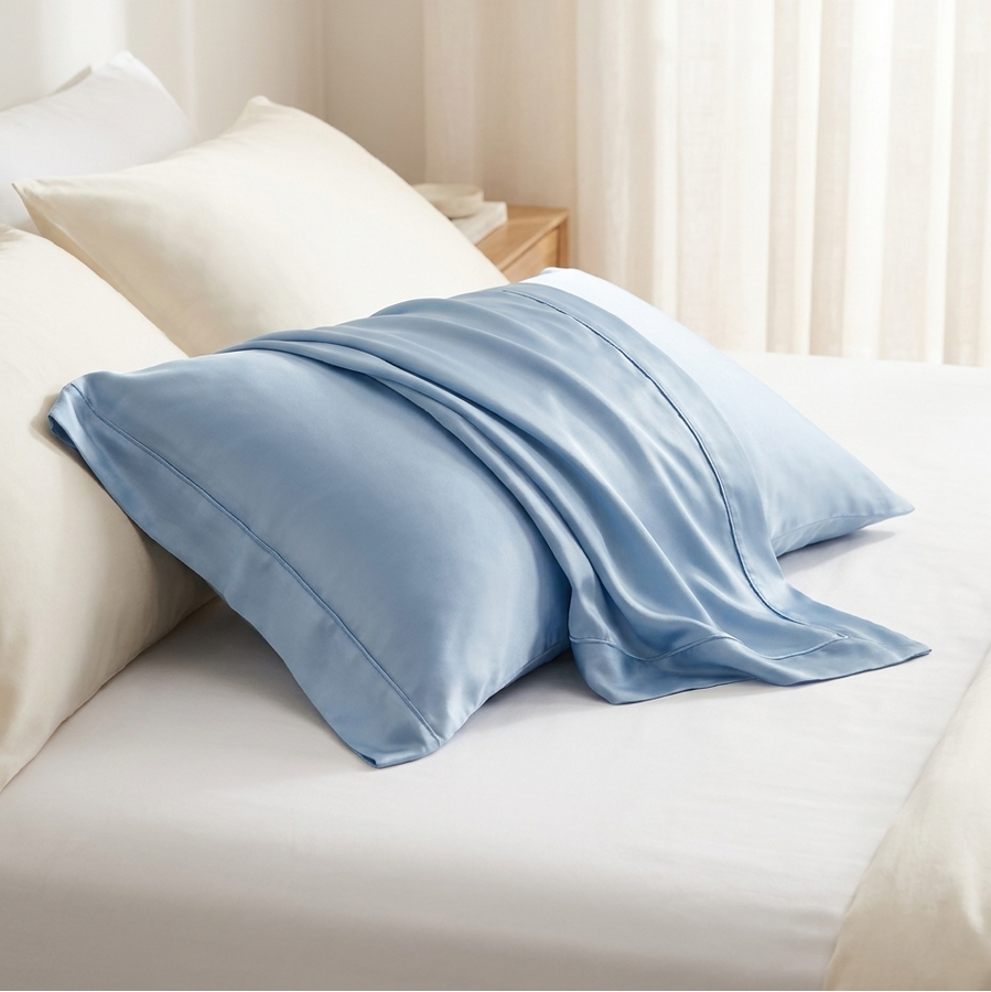 Sky blue silk pillowcase pair on bed