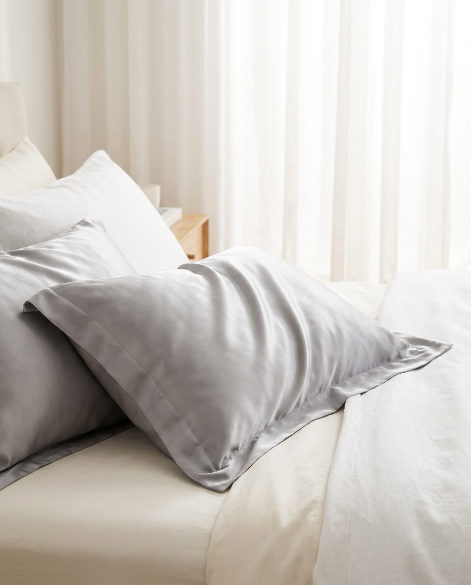 Silver grey cooling silk pillowcase set of 2 on white bedding