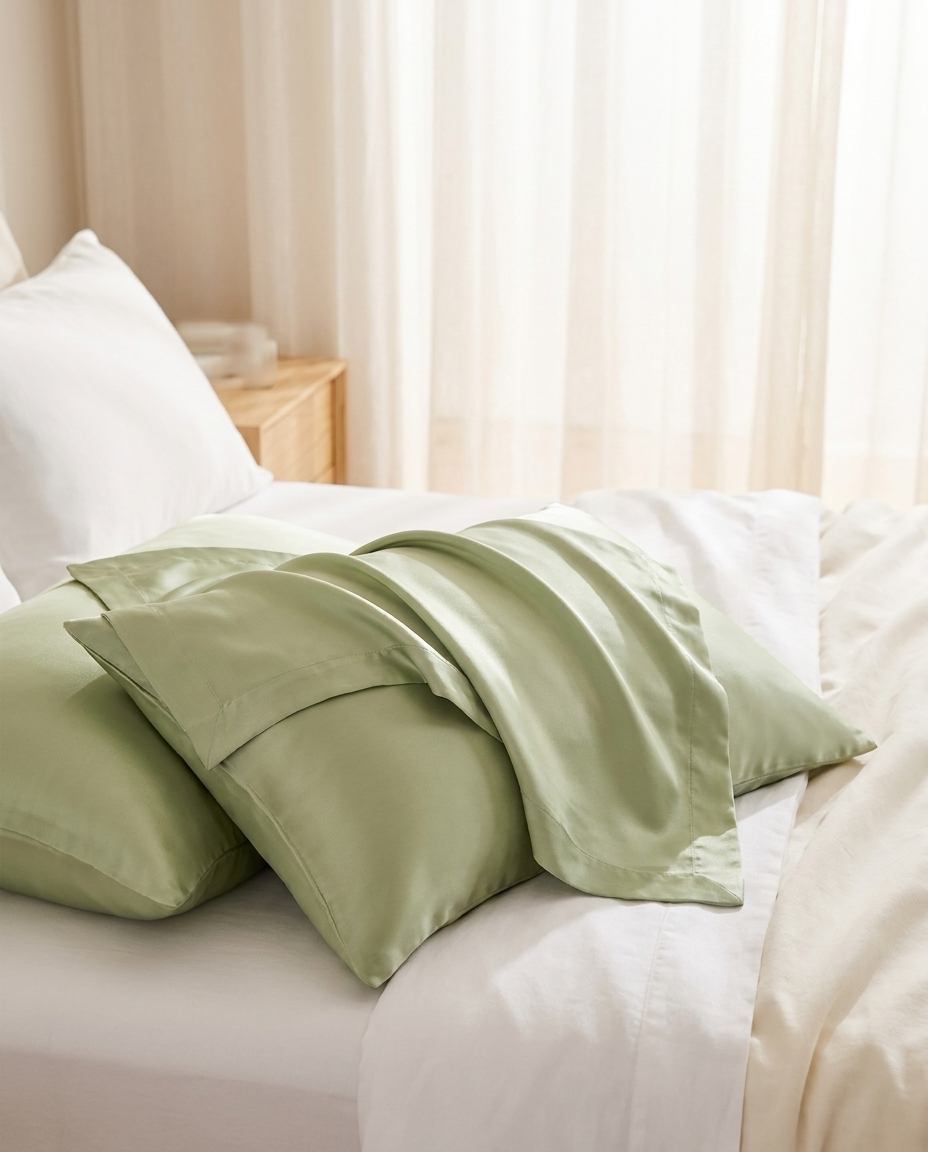Sage green cooling silk pillowcase set of 2 on white bedding