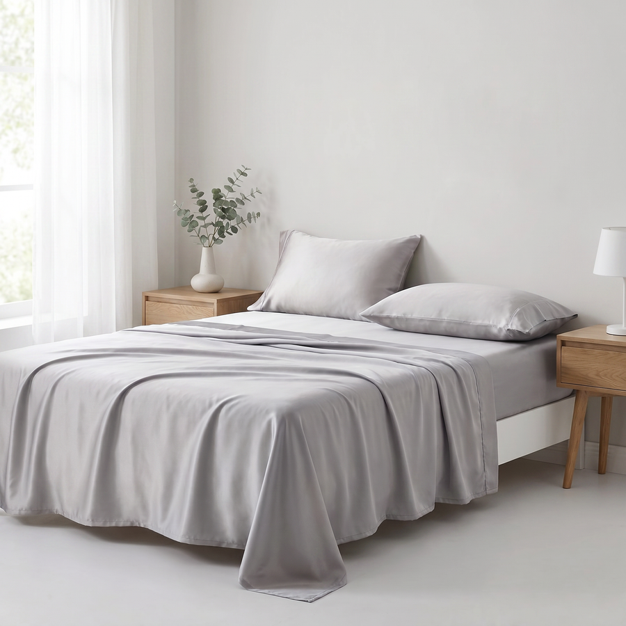 Silver grey cooling silk sheet set made up on a bed in a bright bedroom