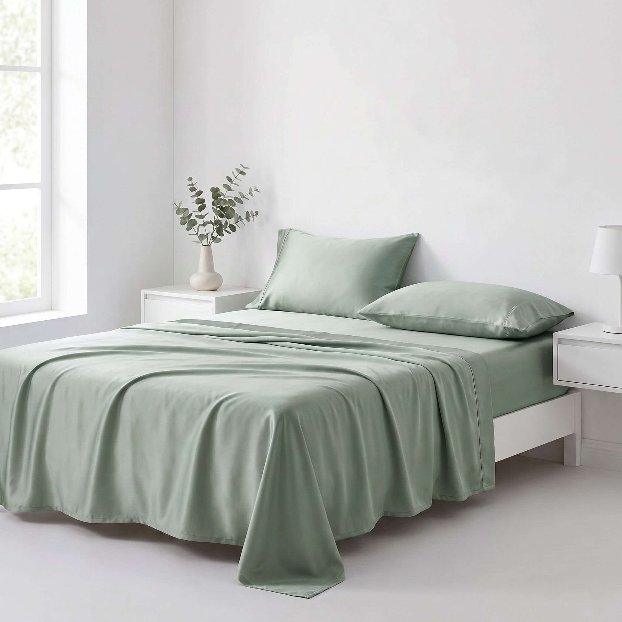 Sage green cooling silk sheet set made up on a bed in a bright bedroom