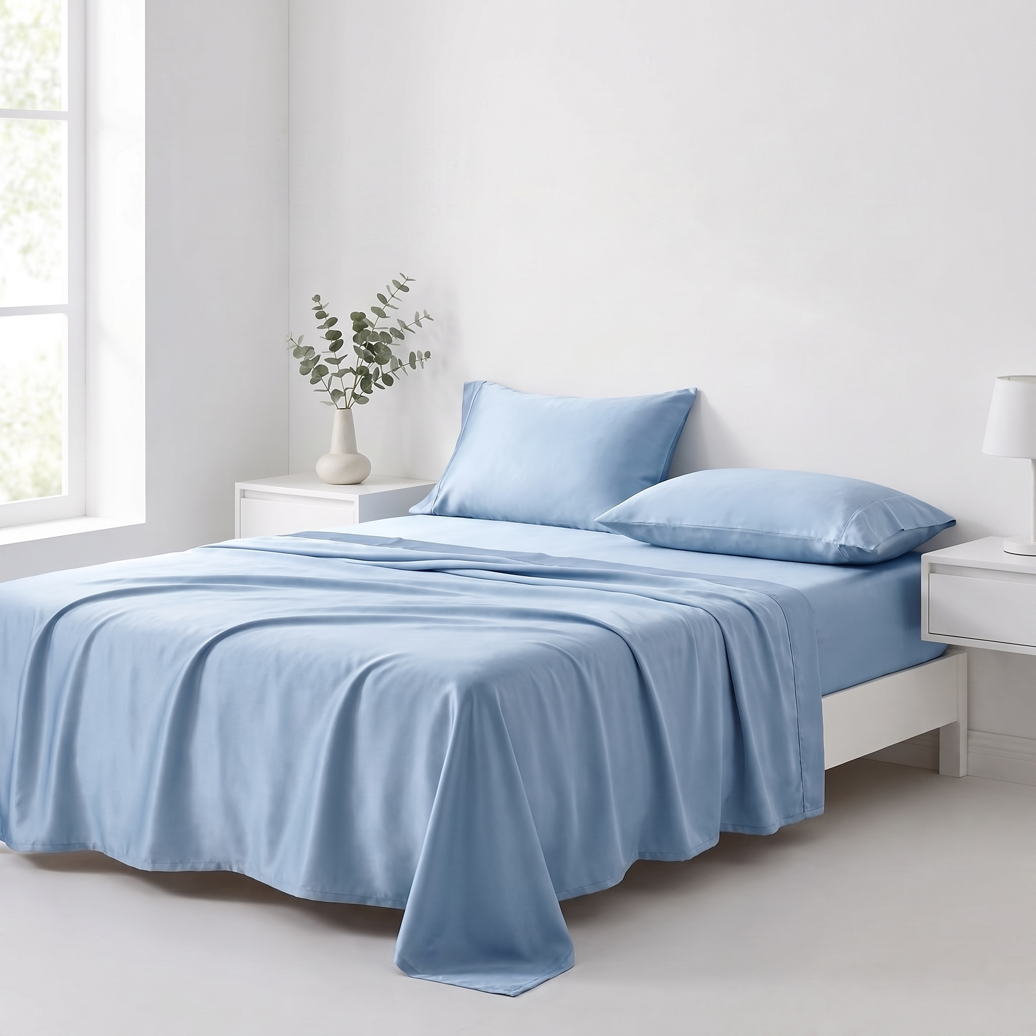 Sky blue cooling silk sheet set made up on a bed in a bright bedroom