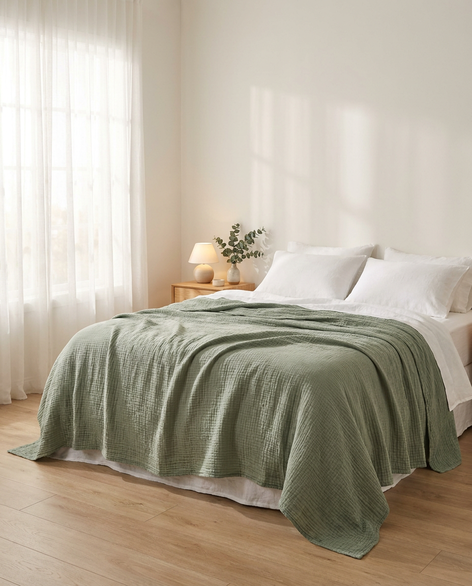 Solvrly Cloud Gauze Coverlet in Sage Green on a bed in soft morning light