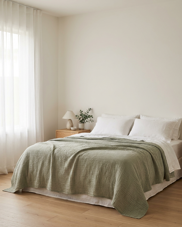 Solvrly Cloud Gauze Coverlet in Sage Green styled bedroom