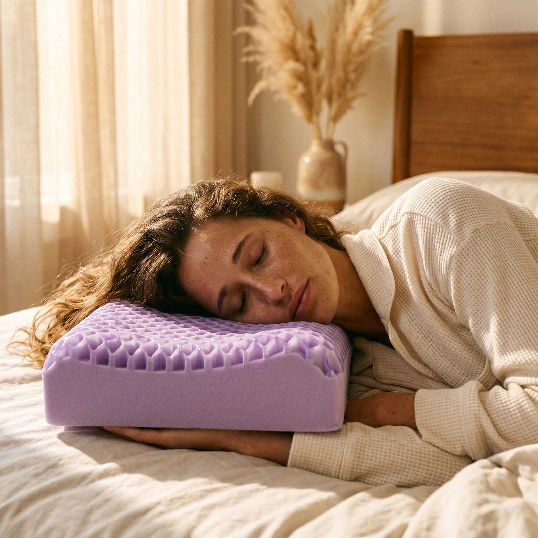 A woman resting on the lilac Honey Comb cooling pillow in a warm sunlit bedroom