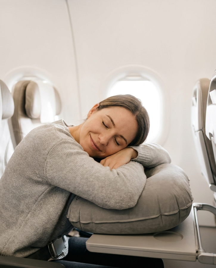 Woman leaning forward napping on the Solvrly Cloud Rest travel pillow on a plane