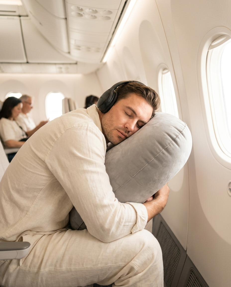 Man resting forward on the Solvrly Cloud Rest inflatable travel pillow on a plane