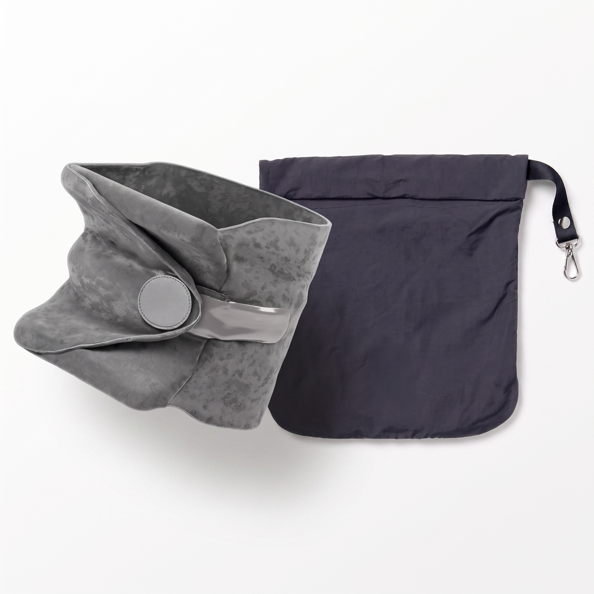 Solvrly Wrap Travel Pillow in soft grey with its support strap and matching navy carry pouch