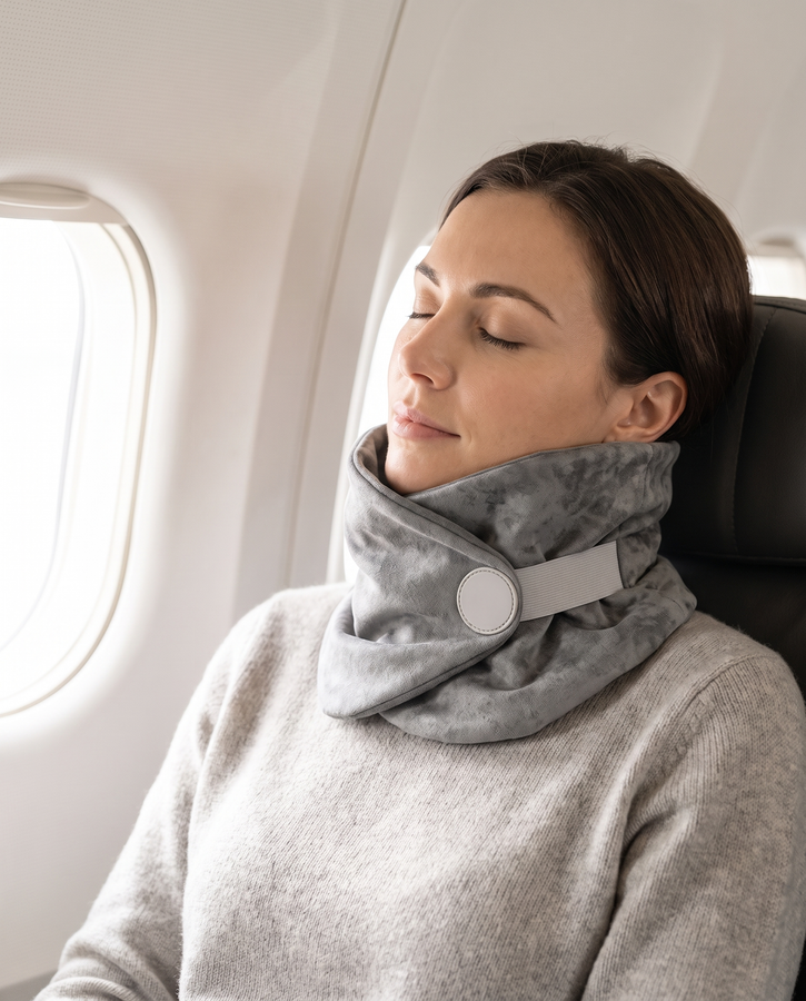 Woman sleeping upright on a plane wearing the Solvrly Wrap Travel Pillow