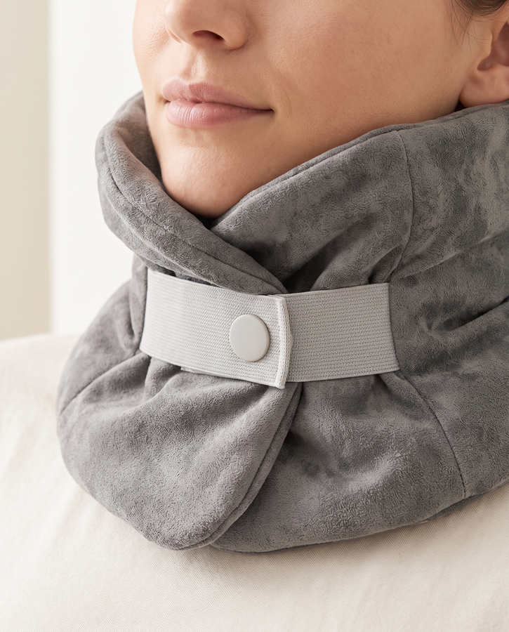 Close-up of the Solvrly Wrap Travel Pillow support strap cradling the chin