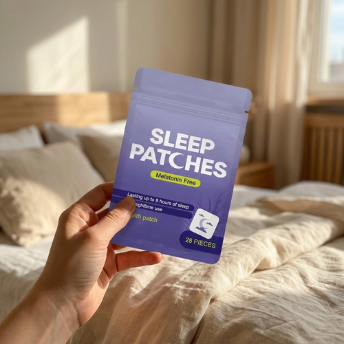 Holding the Dream Sleep Patches pack in a bright bedroom