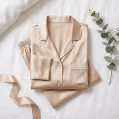 Folded champagne silk pyjama set flat lay