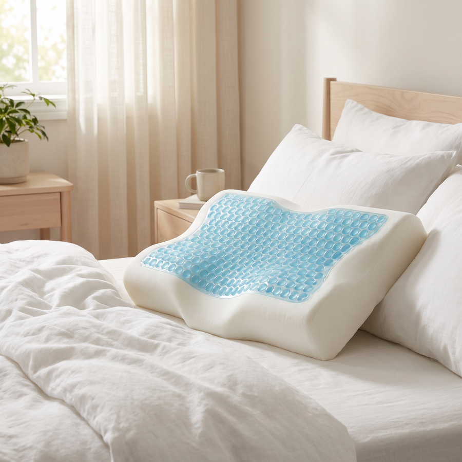 Solvrly Clara gel pillow on a bed in soft morning light