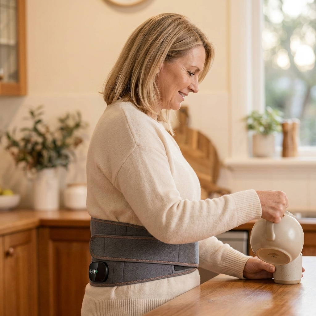 Woman wearing the belt under a knit top while making tea in her kitchen