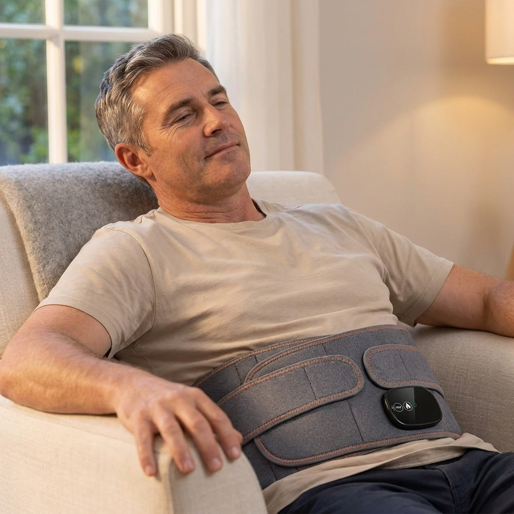Man relaxing in an armchair wearing the Solvrly Ember belt over a t-shirt