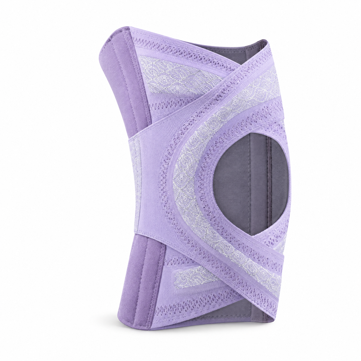 Solvrly Pivot open-patella knee brace in purple with white jacquard panels, on a white background
