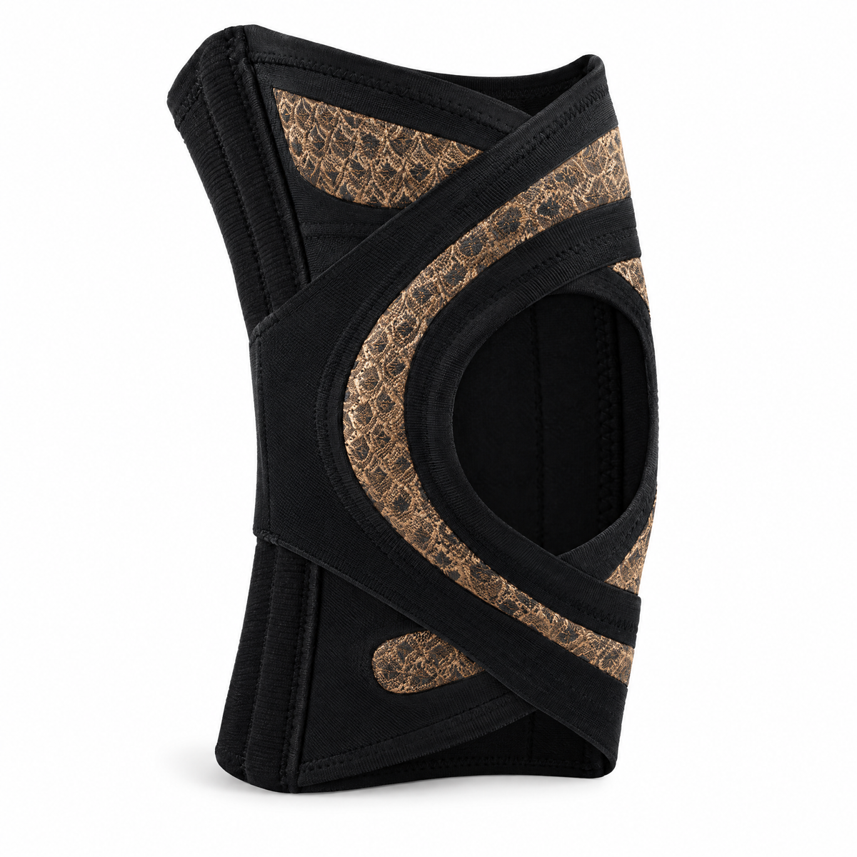Solvrly Pivot open-patella knee brace in black with bronze jacquard panels, on a white background