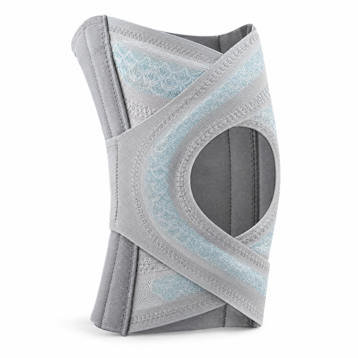 Solvrly Pivot open-patella knee brace in grey with pale blue jacquard panels, on a white background