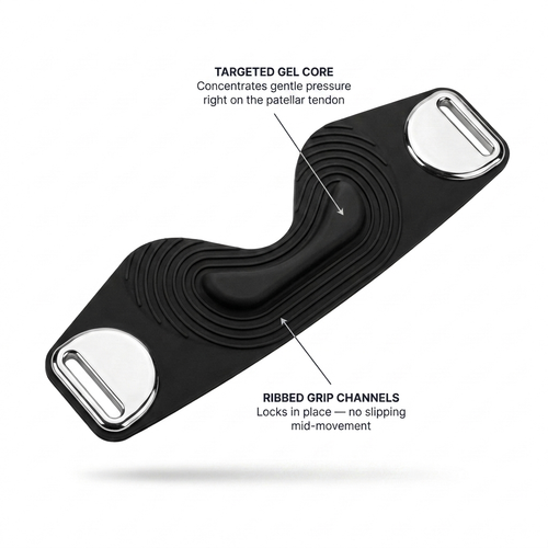 Back of the Solvrly Patella Relief Strap in black showing the targeted gel core and ribbed grip channels