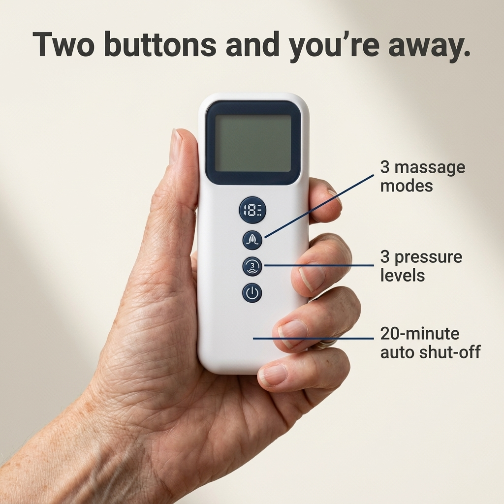 The Solvrly Flow handheld controller held in a hand, showing modes and pressure levels