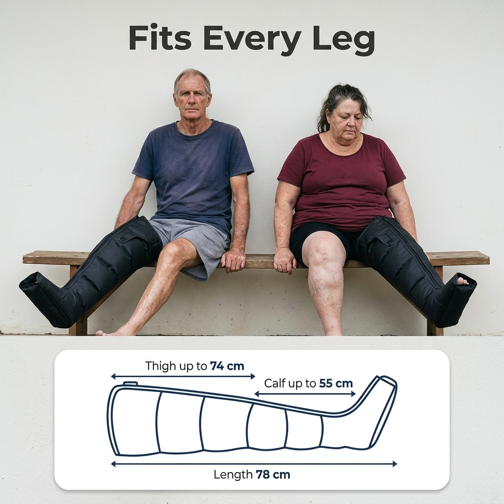Two people of different builds wearing Solvrly Flow boots, with a size range diagram