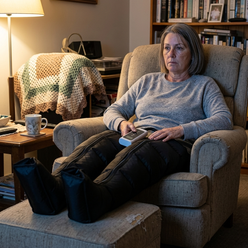 A woman in her sixties relaxing in an armchair with both legs in Solvrly Flow compression boots