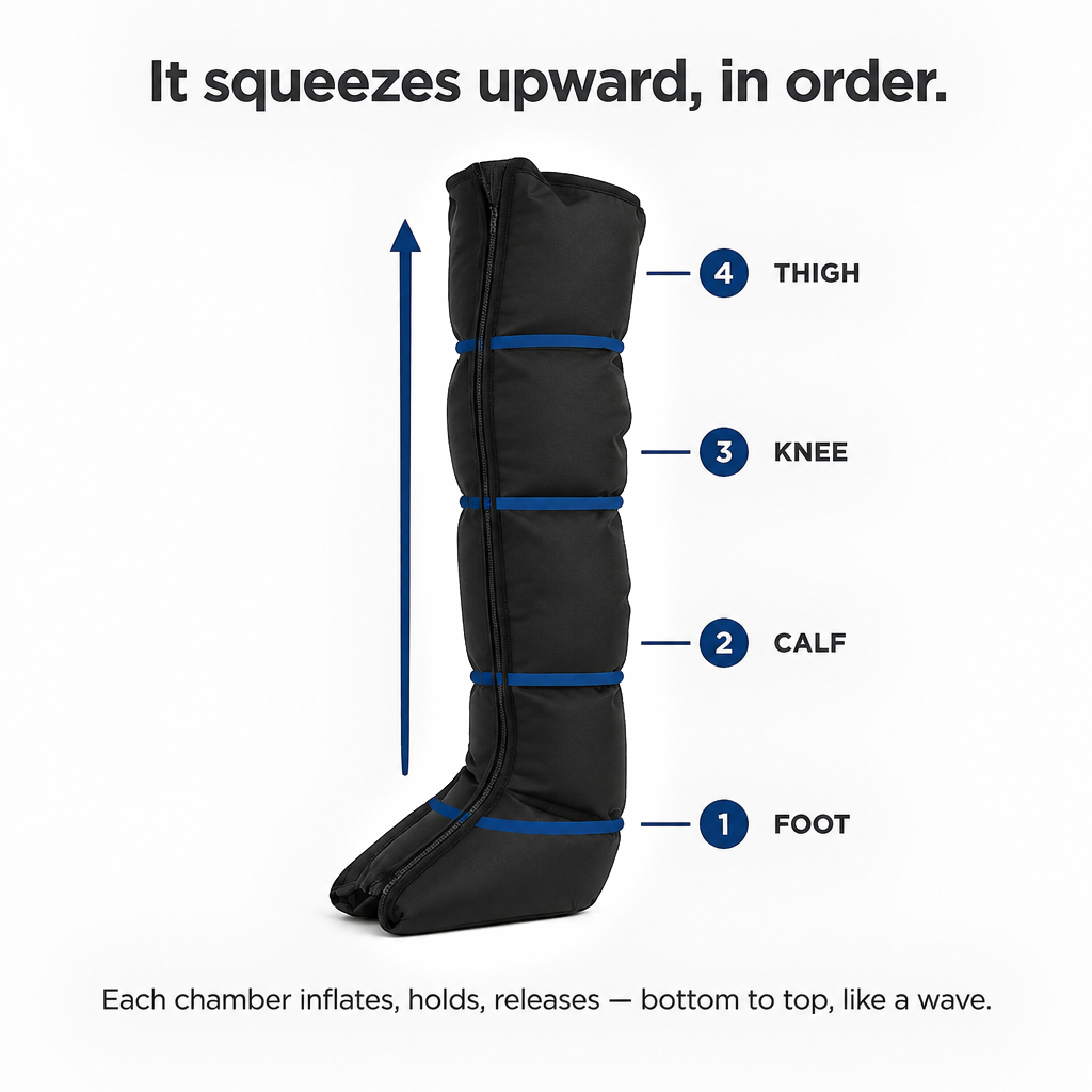 Diagram of the Solvrly Flow boot showing its four air chambers inflating in sequence from foot to thigh