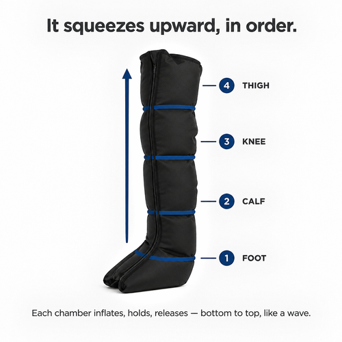 Diagram of the Solvrly Flow boot showing its four air chambers inflating in sequence from foot to thigh