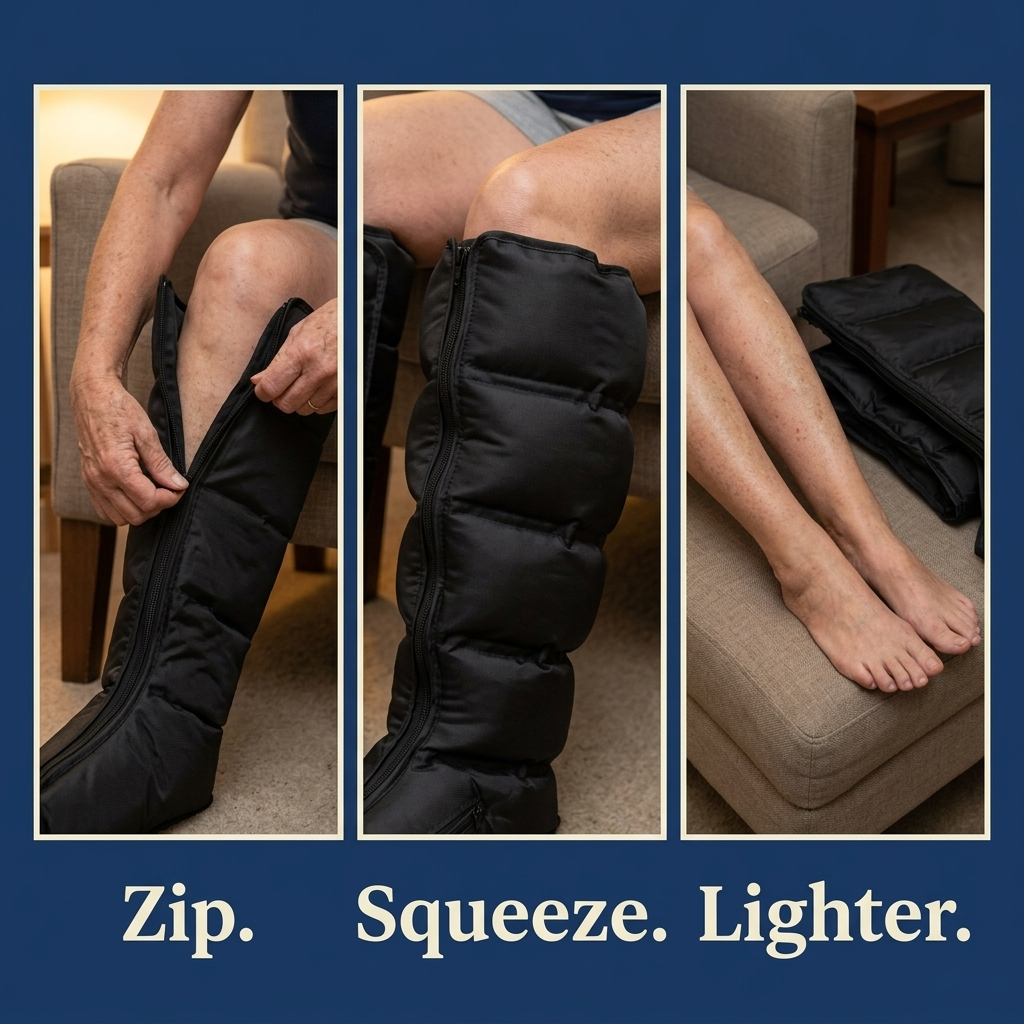 Three panels showing the Solvrly Flow boots being zipped on, inflating, and taken off