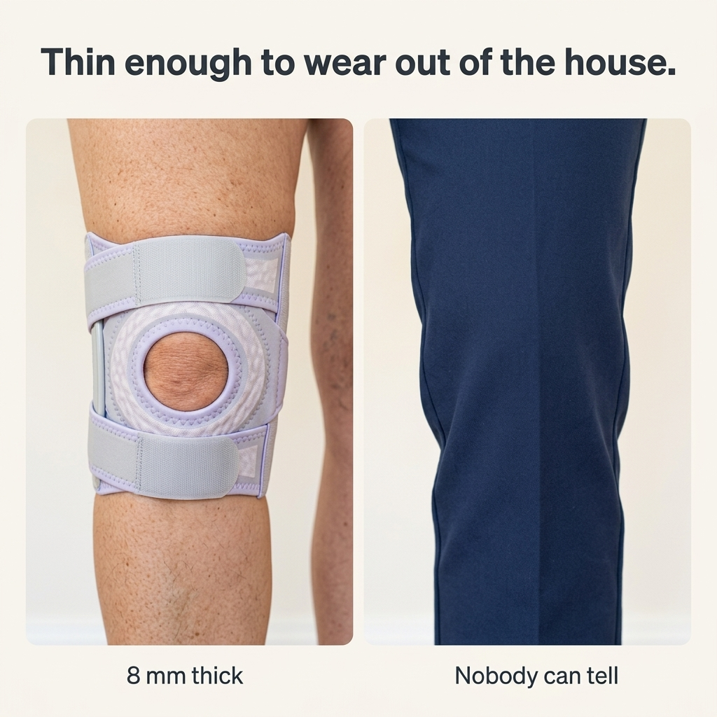 The Solvrly Pivot brace on a bare knee beside the same knee under trousers, showing how little it shows