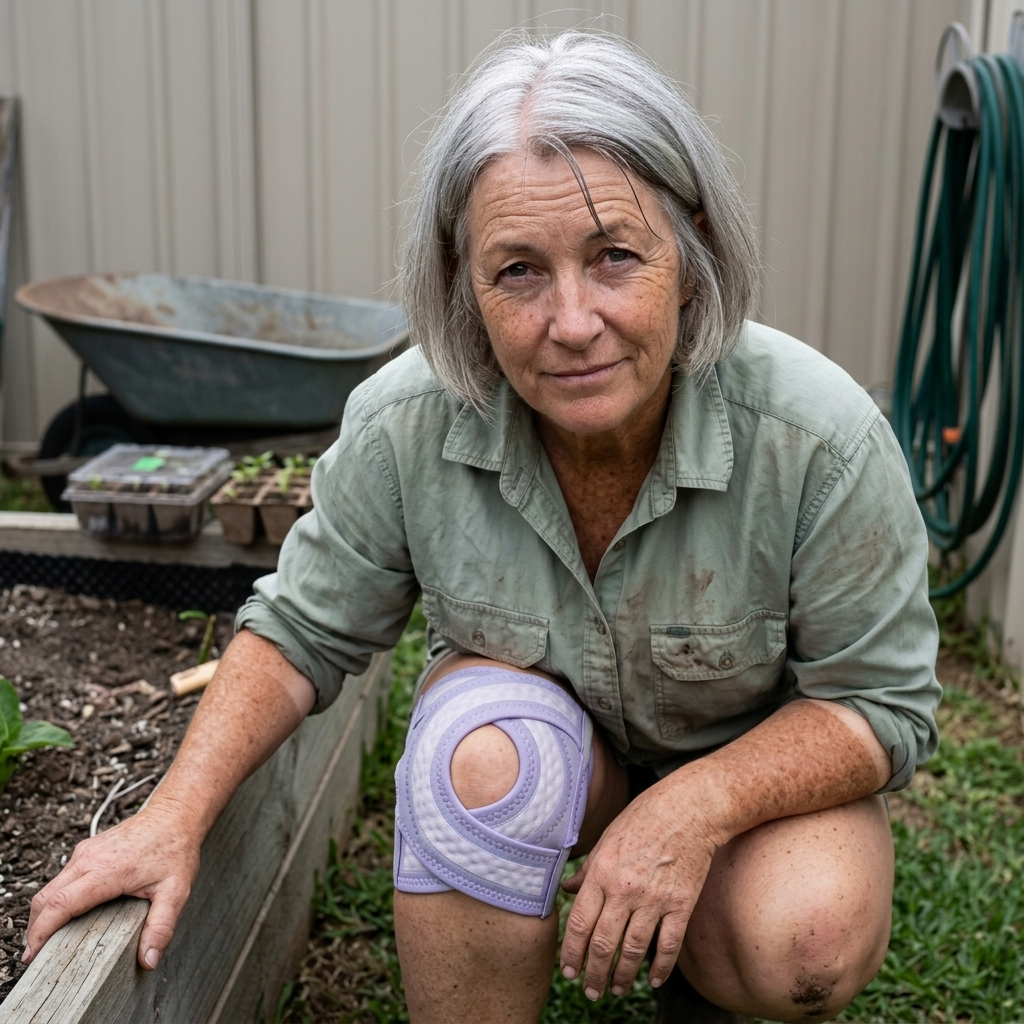 A woman in her fifties crouching in a garden wearing the Solvrly Pivot knee brace