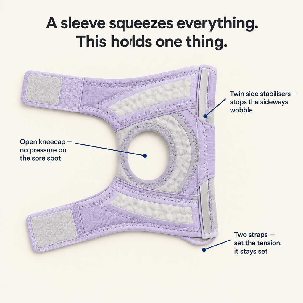 The Solvrly Pivot brace laid flat with labels for the open kneecap, side stabilisers and straps