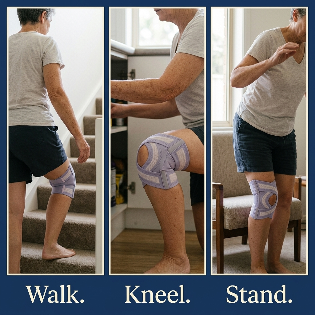 Three panels showing the Solvrly Pivot brace worn while walking downstairs, kneeling and standing up