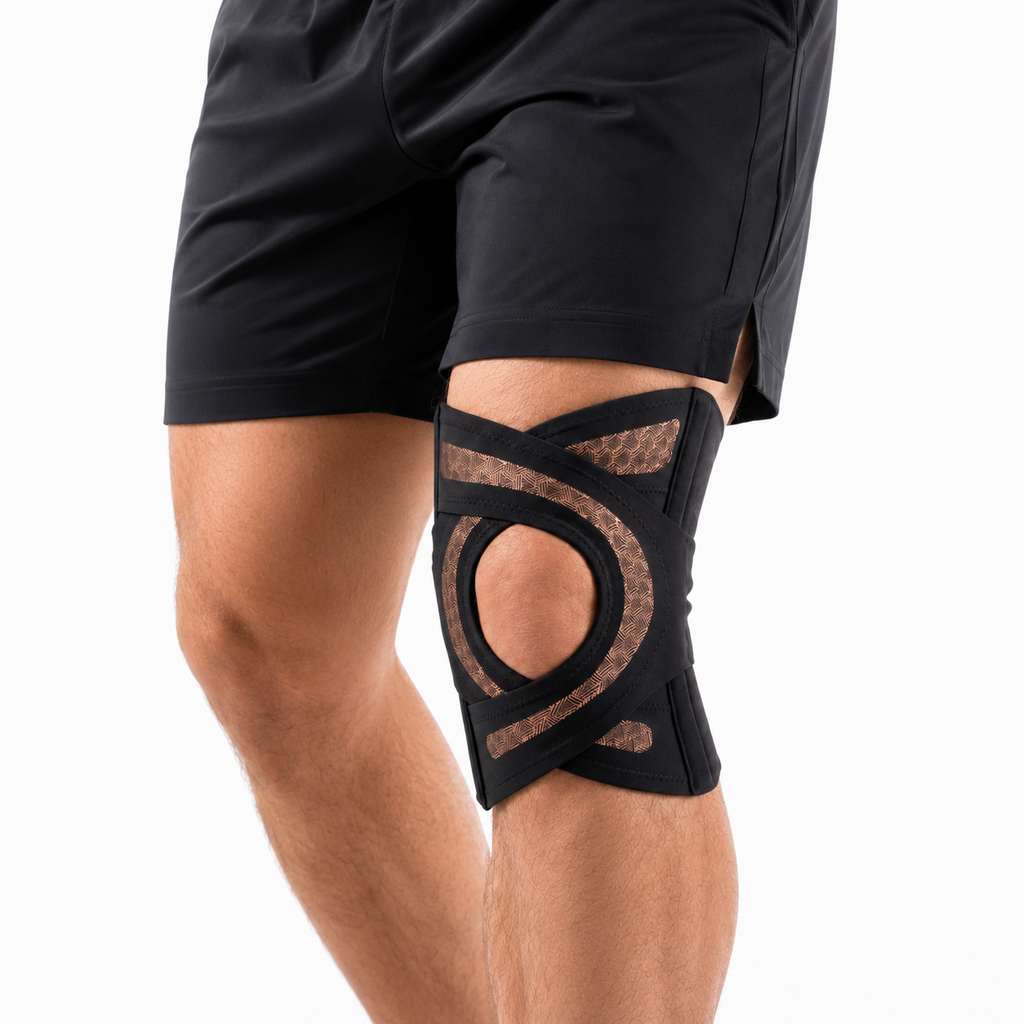 The Solvrly Pivot knee brace in black worn under shorts, showing the bronze jacquard side panels