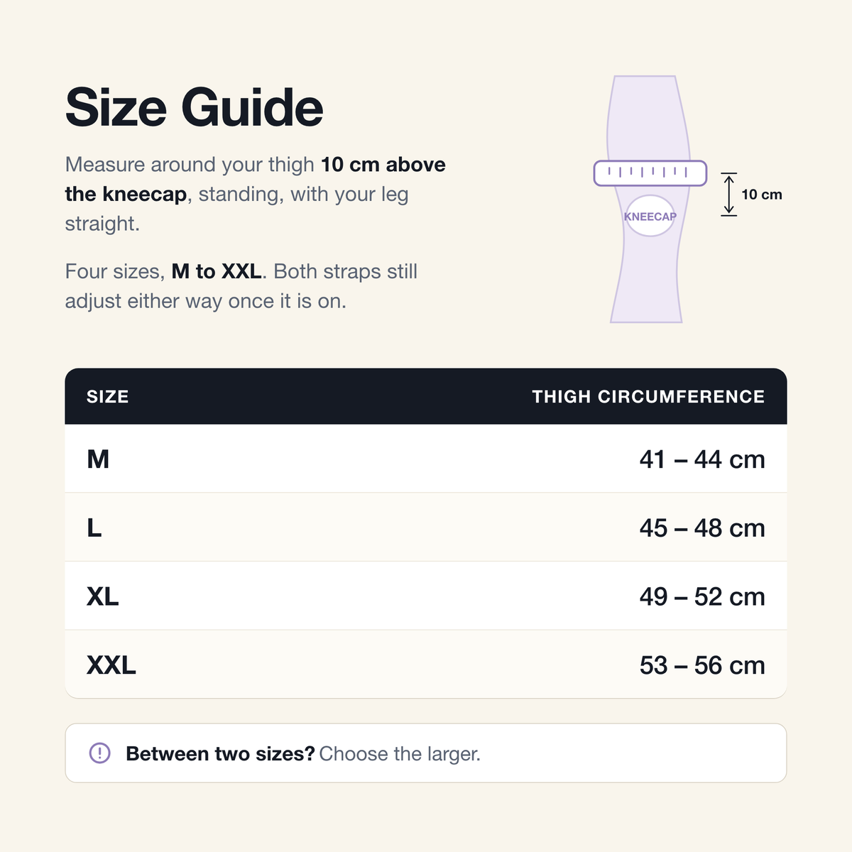Solvrly Pivot size guide: measure your thigh 10 cm above the kneecap. M 41-44 cm, L 45-48 cm, XL 49-52 cm, XXL 53-56 cm. Between two sizes, choose the larger.
