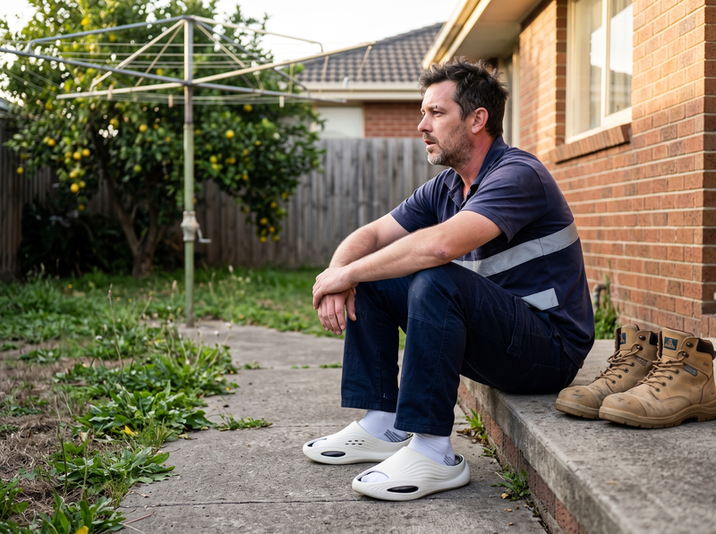 Man on his back step after work wearing Solvrly Rise slides